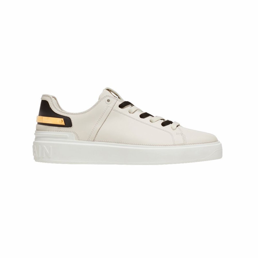 Mens * | Latest Balmain B-Court Leather Trainers White/Gold Men Ym0Vi310Ltpr