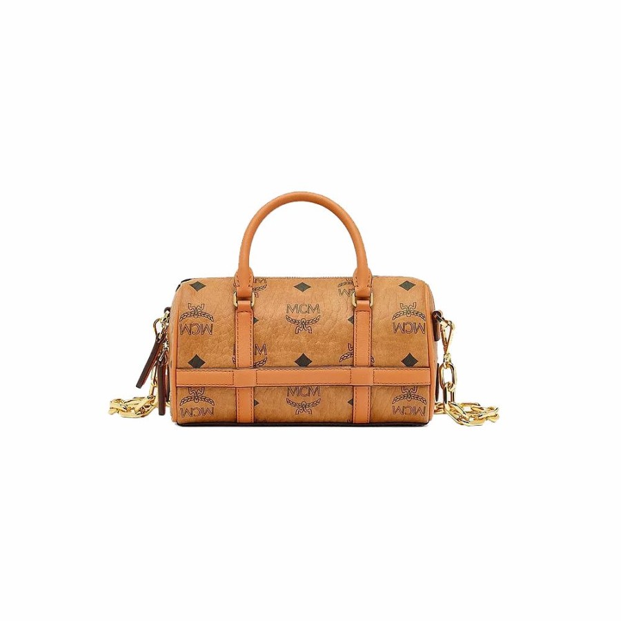 Womens * | Discount Store Mcm Aren Boston Bag In Visetos Cognac Mwbbaer01Co001