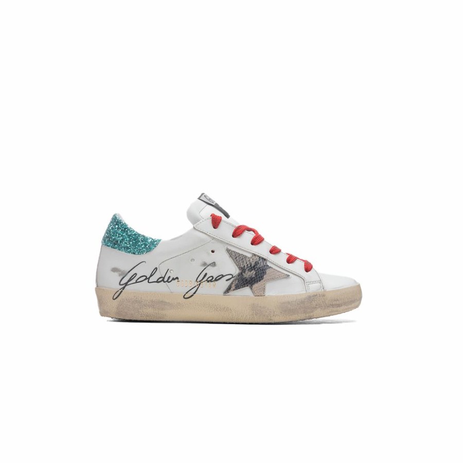 Womens * | Featured Golden Goose Super-Star Leather Upper Phyton Print Star White/Green Glitter Women Gwf00101.F002436.10867