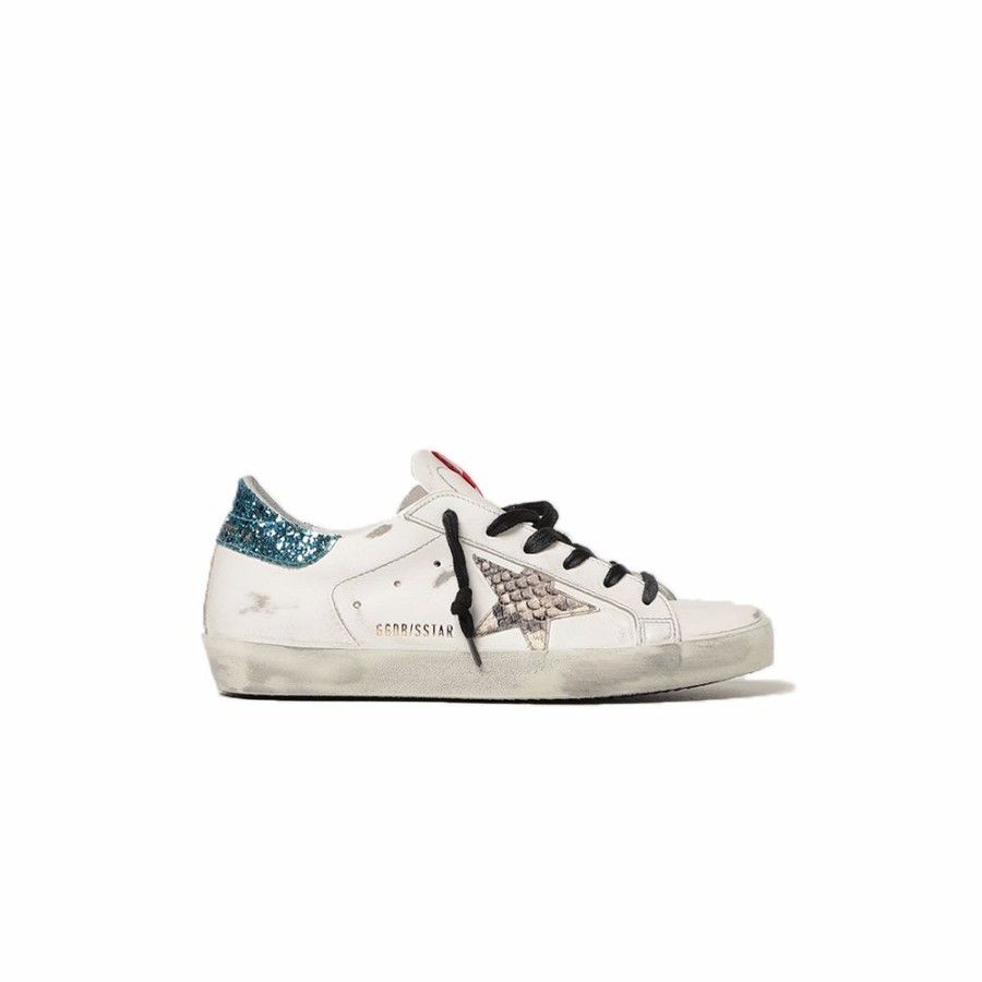 Womens * | Cheap Golden Goose Super-Star Leather Upper Viper Print Star Glitter Heel White/Light Blue Fluo Women Gwf00101.F001587.10629