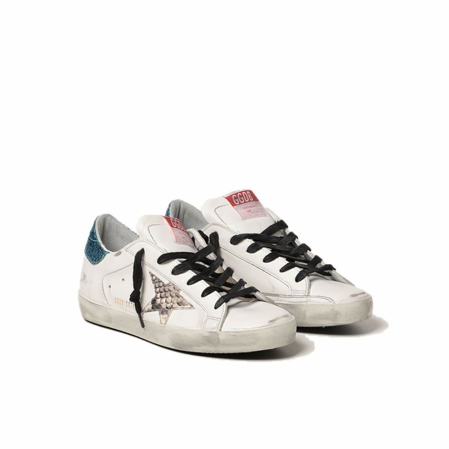 Womens * | Cheap Golden Goose Super-Star Leather Upper Viper Print Star Glitter Heel White/Light Blue Fluo Women Gwf00101.F001587.10629