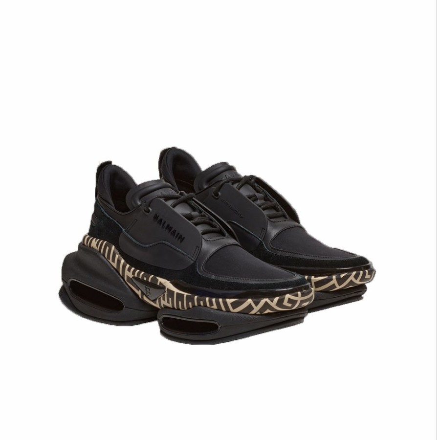 Mens * | Excellent Quality Balmain Leather And Suede B-Bold Low-Top Trainers With Monogram Print Black Men Ym0Vi277Lsom