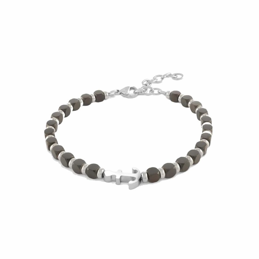 Womens * | Featured Italgem Stainless Steel Anchor Design Black Onyx Beads Bracelet Black/Silver Bb-224